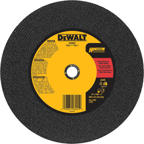 DeWALT Cut-Off Wheel: Type 1 (01/41), 14 Dia, 7/64" Thick, 1" Hole, Aluminum Oxide - 4300 RPM, Reinforced, 1 per Pack