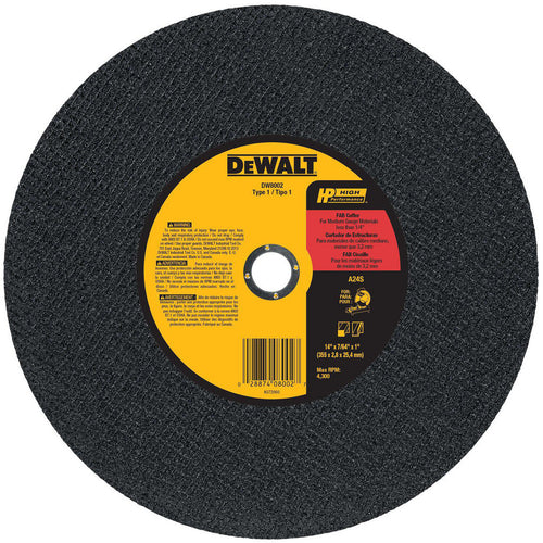 DeWALT Cut-Off Wheel: Type 1 (01/41), 14 Dia, 7/64" Thick, 1" Hole, Aluminum Oxide - 24 Grit, 4300 RPM, Reinforced, 1 per Pack