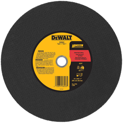 DeWALT Cut-Off Wheel: Type 1 (01/41), 14 Dia, 7/64" Thick, 1" Hole, Aluminum Oxide - 24 Grit, 5000 RPM, Reinforced, 1 per Pack