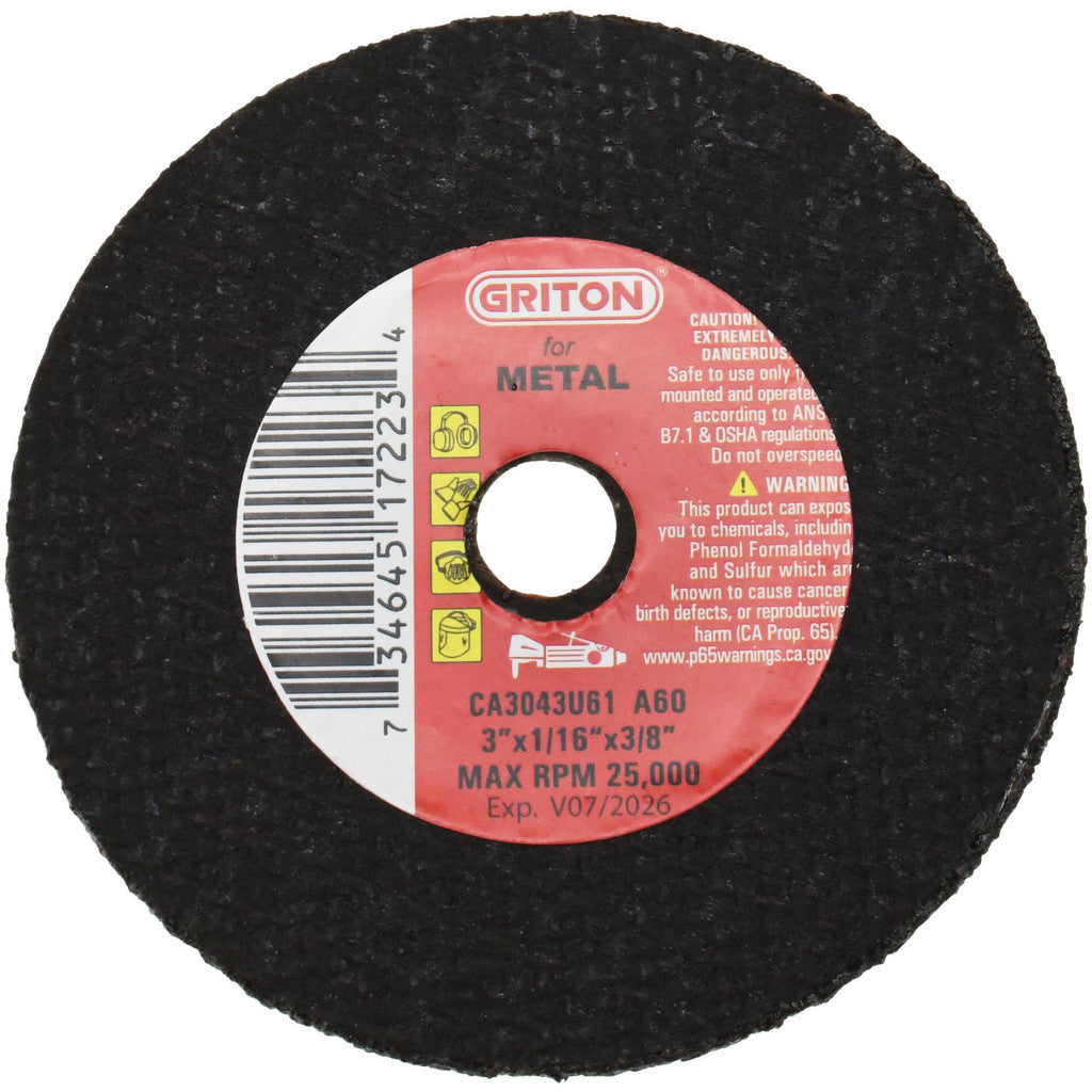 Value Collection - Cut-Off Wheel: Type 1 (01/41), 3 Dia, 1/16" Thick, 3/8" Hole, Aluminum Oxide | MSC Industrial Supply Co.