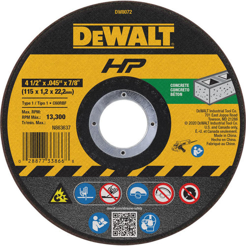 DeWALT Cut-Off Wheel: Type 1 (01/41), 4-1/2 Dia, 0.0450" Thick, 7/8" Hole, Silicon Carbide - 60 Grit, 13300 RPM, Reinforced, 1 per Pack