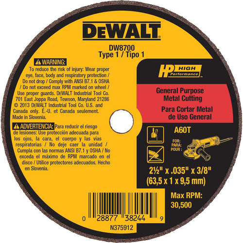 DeWALT Cut-Off Wheel: Type 1 (01/41), 2-1/2 Dia, 0.0350" Thick, 3/8" Hole, Aluminum Oxide - 60 Grit, 30500 RPM, Reinforced, 1 per Pack