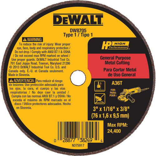 DeWALT Cut-Off Wheel: Type 1 (01/41), 3 Dia, 1/16" Thick, 3/8" Hole, Aluminum Oxide - 36 Grit, 24400 RPM, Reinforced, 1 per Pack