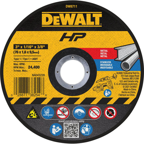 DeWALT Cut-Off Wheel: Type 1 (01/41), 3 Dia, 1/16" Thick, 3/8" Hole, Aluminum Oxide - 60 Grit, 24400 RPM, Reinforced, 1 per Pack