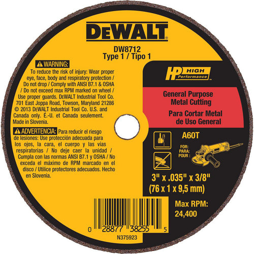 DeWALT Cut-Off Wheel: Type 1 (01/41), 3 Dia, 0.0350" Thick, 3/8" Hole, Aluminum Oxide - 60 Grit, 24400 RPM, Reinforced, 1 per Pack