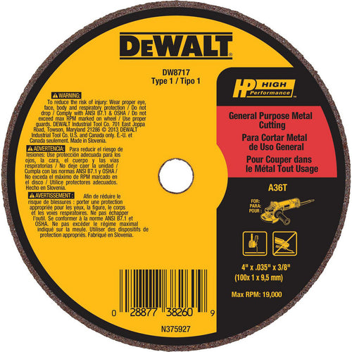 DeWALT Cut-Off Wheel: Type 1 (01/41), 4 Dia, 0.0350" Thick, 3/8" Hole, Aluminum Oxide - 36 Grit, 19000 RPM, Reinforced, 1 per Pack