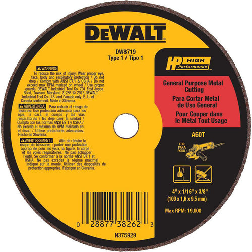 DeWALT Cut-Off Wheel: Type 1 (01/41), 4 Dia, 1/8" Thick, 3/8" Hole, Aluminum Oxide - 24 Grit, 19000 RPM, Reinforced, 1 per Pack