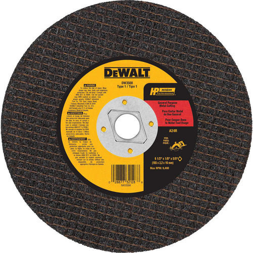 DeWALT Cut-Off Wheel: Type 1 (01/41), 6-1/2 Dia, 1/8" Thick, 5/8 DM" Hole, Aluminum Oxide - 24 Grit, 9400 RPM, Reinforced, 1 per Pack