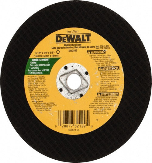DeWALT Cut-Off Wheel: Type 1 (01/41), 6-1/2 Dia, 1/8" Thick, 5/8 DM" Hole, Silicon Carbide - 24 Grit, 9400 RPM, Reinforced, 1 per Pack