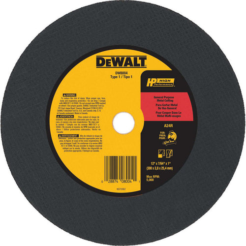 DeWALT Cut-Off Wheel: Type 1 (01/41), 12 Dia, 7/64" Thick, 1" Hole, Aluminum Oxide - 24 Grit, 5000 RPM, Reinforced, 1 per Pack