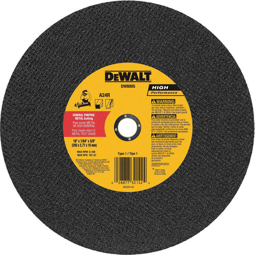 DeWALT Cut-Off Wheel: Type 1 (01/41), 10 Dia, 7/64" Thick, 5/8" Hole, Aluminum Oxide - 24 Grit, 6100 RPM, Reinforced, 1 per Pack