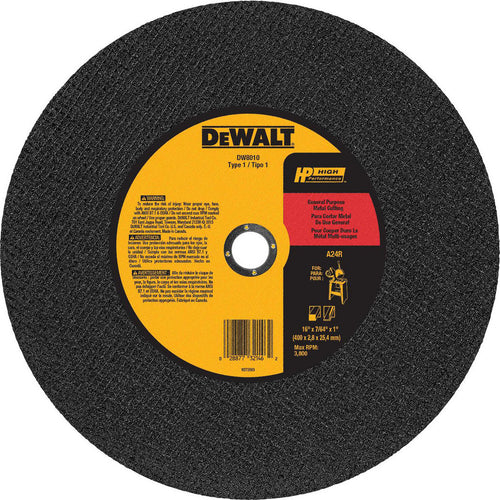 DeWALT Cut-Off Wheel: Type 1 (01/41), 16 Dia, 7/64" Thick, 1" Hole, Aluminum Oxide - 24 Grit, 3800 RPM, Reinforced, 1 per Pack