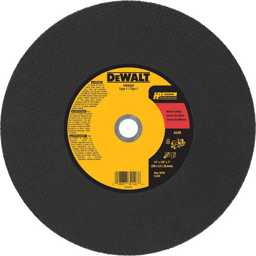 DeWALT Cut-Off Wheel: Type 1 (01/41), 14 Dia, 1/8" Thick, 1" Hole, Aluminum Oxide - 24 Grit, 5500 RPM, Reinforced, 1 per Pack