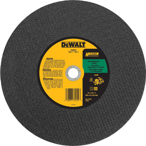 DeWALT Cut-Off Wheel: Type 1 (01/41), 14 Dia, 1/8" Thick, 1" Hole, Silicon Carbide - 24 Grit, 5500 RPM, Reinforced, 1 per Pack