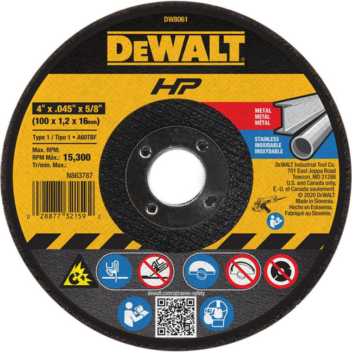 DeWALT Cut-Off Wheel: Type 1 (01/41), 4 Dia, 0.0450" Thick, 5/8" Hole, Aluminum Oxide - 15200 RPM, Reinforced, 1 per Pack