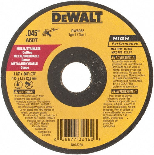 DeWALT Cut-Off Wheel: Type 1 (01/41), 4-1/2 Dia, 0.0450" Thick, 7/8" Hole, Aluminum Oxide - 13300 RPM, Reinforced, 1 per Pack