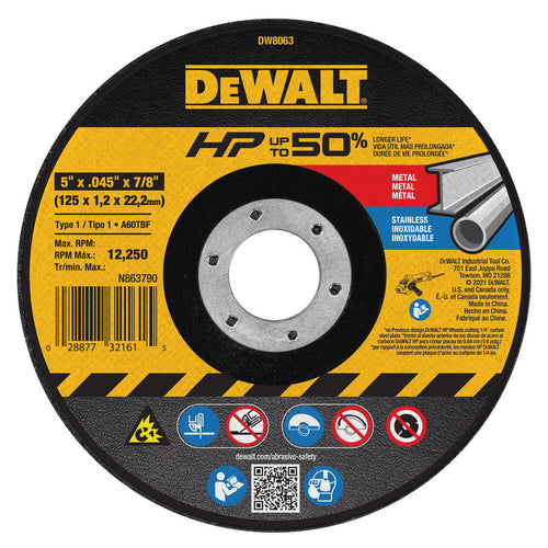 DeWALT Cut-Off Wheel: Type 1 (01/41), 5 Dia, 0.0450" Thick, 7/8" Hole, Aluminum Oxide - 60 Grit, 12200 RPM, Reinforced, 1 per Pack