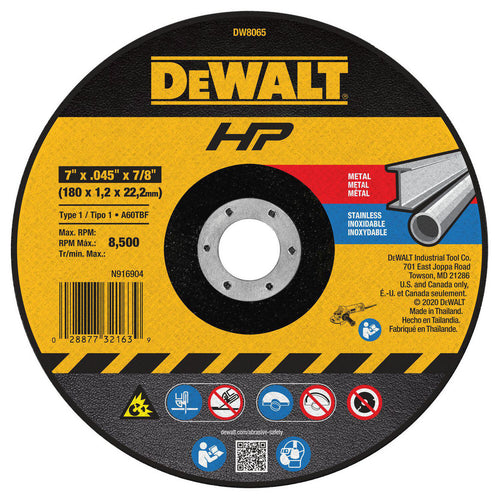 DeWALT Cut-Off Wheel: Type 1 (01/41), 7 Dia, 0.0550" Thick, 7/8" Hole, Aluminum Oxide - 60 Grit, 8700 RPM, Reinforced, 1 per Pack