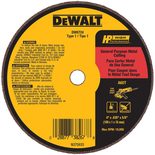 DeWALT Cut-Off Wheel: Type 1 (01/41), 4 Dia, 0.0350" Thick, 5/8" Hole, Aluminum Oxide - 60 Grit, 19000 RPM, Reinforced, 1 per Pack