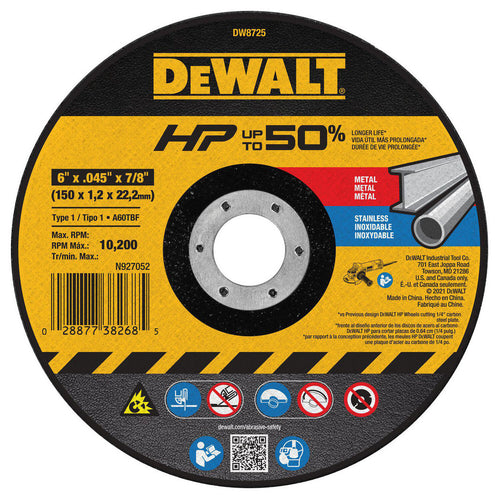 DeWALT Cut-Off Wheel: Type 1 (01/41), 6 Dia, 0.0450" Thick, 7/8" Hole, Aluminum Oxide - 60 Grit, 10100 RPM, Reinforced, 1 per Pack
