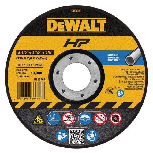 DeWALT Cut-Off Wheel: Type 1 (01/41), 4-1/2 Dia, 3/32" Thick, 7/8" Hole, Aluminum Oxide - 30 Grit, 13300 RPM, Reinforced, 1 per Pack