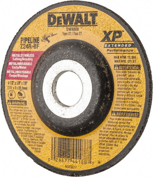 DeWALT Depressed-Center Wheel: Type 27, 4-1/2" Dia, 1/8" Thick, 7/8" Hole, Zirconia Alumina - 24 Grit, Resinoid Bond, 13300 Max RPM, Use with Angle Grinder