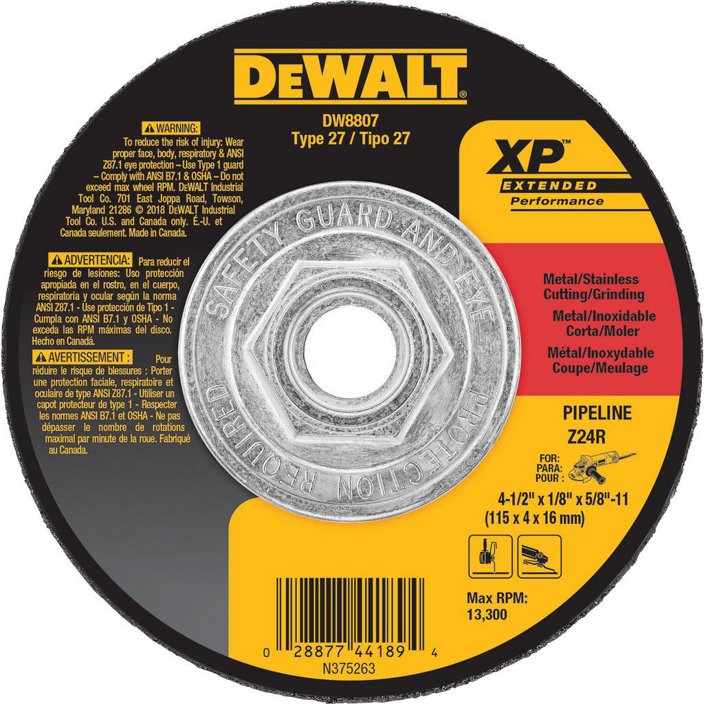DeWALT Depressed-Center Wheel: Type 27, 4-1/2" Dia, 1/8" Thick, 5/8-11 Hole, Zirconia Alumina - 24 Grit, Resinoid Bond, 13300 Max RPM, Use with Angle Grinder