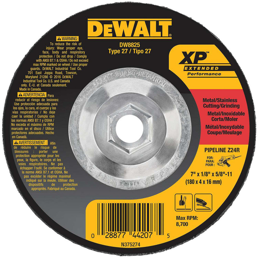 DeWALT Depressed-Center Wheel: Type 27, 7" Dia, 1/8" Thick, 5/8-11 Hole, Zirconia Alumina - 24 Grit, Resinoid Bond, 8700 Max RPM, Use with Angle Grinder