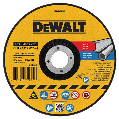DeWALT Cut-Off Wheel: Type 1 (01/41), 6 Dia, 0.0450" Thick, 7/8" Hole, Aluminum Oxide - 60 Grit, 10200 RPM, Reinforced, 1 per Pack