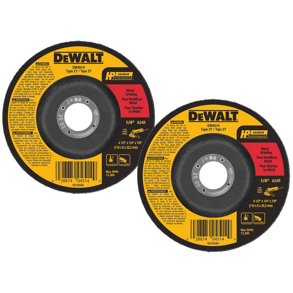 DeWALT Hp 4-1/2" x 1/4" x 7/8" T27 Grinding Wheel For Metal & Stainless - BONUS Hp 4-1/2" x 1/4" x 7/8" T27 Grinding Wheel For Metal & Stainless