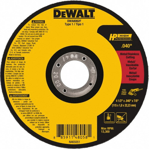 DeWALT Cut-Off Wheel: Type 1 (01/41), 4-1/2 Dia, 0.0400" Thick, 7/8" Hole, Aluminum Oxide - 13300 RPM, Reinforced, 1 per Pack