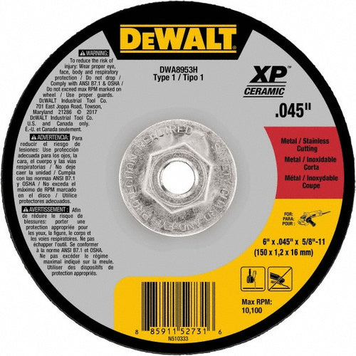 DeWALT Cut-Off Wheel: Type 1 (01/41), 6 Dia, 0.0450" Thick, 5/8-11" Hole, Ceramic - 10100 RPM, Reinforced, 1 per Pack