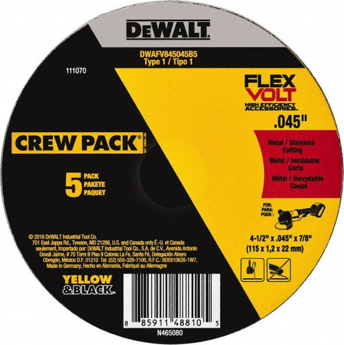 DeWALT Cut-Off Wheel: Type 1 (01/41), 4-1/2 Dia, 0.0450" Thick, 7/8" Hole, Ceramic - 13300 RPM, Reinforced, 5 per Pack
