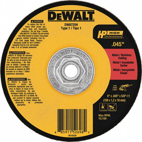 DeWALT Cut-Off Wheel: Type 1 (01/41), 6 Dia, 0.0450" Thick, 5/8" Hole, Aluminum Oxide - 24 Grit, 13300 RPM, Reinforced, 1 per Pack