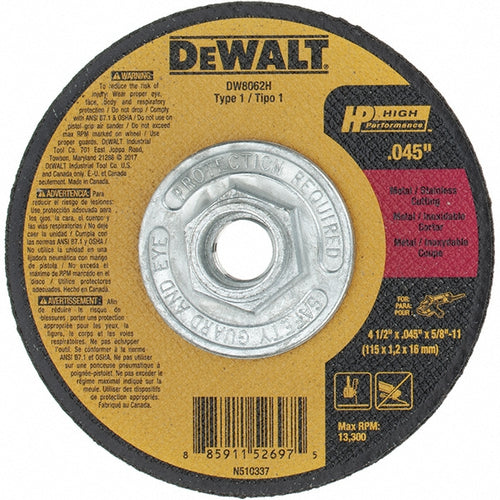 DeWALT Cut-Off Wheel: Type 1 (01/41), 4-1/2 Dia, 0.0450" Thick, 5/8" Hole, Aluminum Oxide - 13300 RPM, Reinforced, 1 per Pack