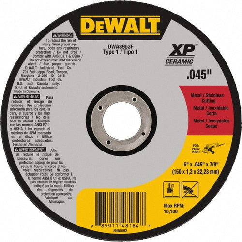 DeWALT Cut-Off Wheel: Type 1 (01/41), 6 Dia, 0.0450" Thick, 7/8" Hole, Ceramic - 10100 RPM, Reinforced, 1 per Pack