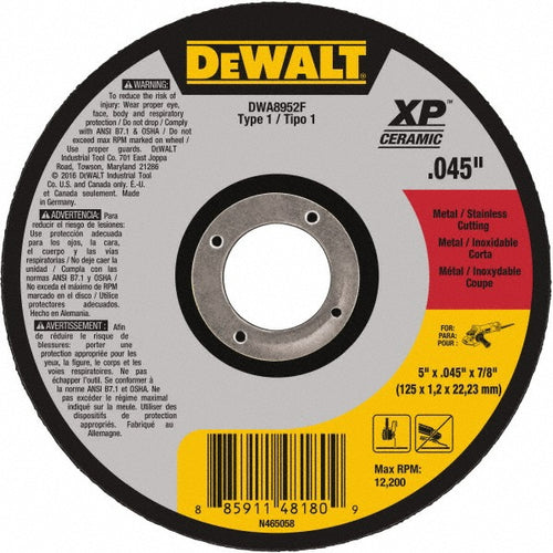 DeWALT Cut-Off Wheel: Type 1 (01/41), 5 Dia, 0.0450" Thick, 7/8" Hole, Ceramic - 12200 RPM, Reinforced, 1 per Pack