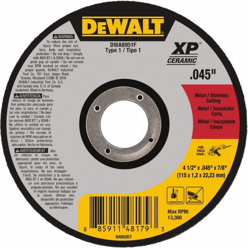 DeWALT Cut-Off Wheel: Type 1 (01/41), 4-1/2 Dia, 0.0450" Thick, 7/8" Hole, Ceramic - 13300 RPM, Reinforced, 1 per Pack