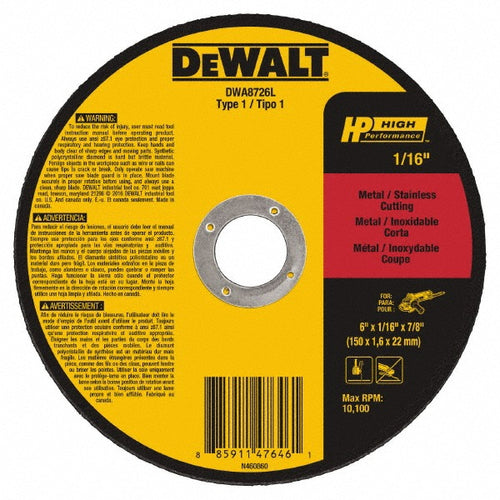 DeWALT Cut-Off Wheel: Type 1 (01/41), 6 Dia, 0.0400" Thick, 7/8" Hole, Aluminum Oxide - 10100 RPM, Reinforced, 1 per Pack