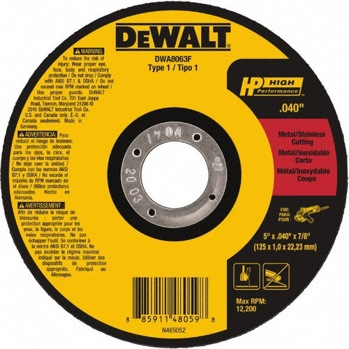 DeWALT Cut-Off Wheel: Type 1 (01/41), 5 Dia, 0.0400" Thick, 7/8" Hole, Aluminum Oxide - 12200 RPM, Reinforced, 1 per Pack