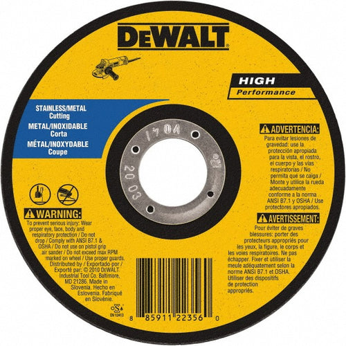 DeWALT Cut-Off Wheel: Type 1 (01/41), 6 Dia, 0.0450" Thick, 7/8" Hole, Aluminum Oxide - 60 Grit, 10100 RPM, Reinforced, 1 per Pack