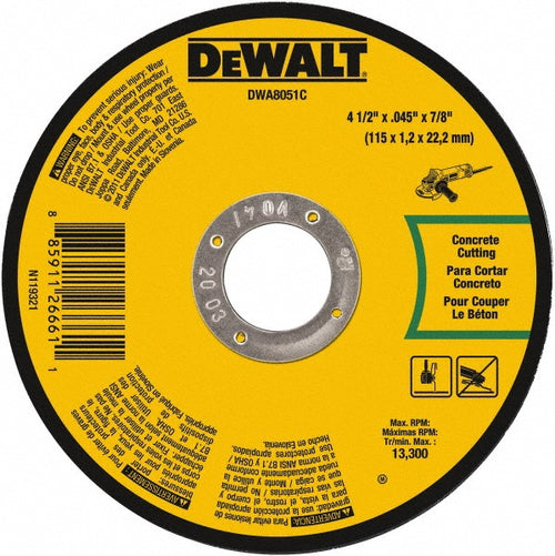 DeWALT Cut-Off Wheel: Type 1 (01/41), 4-1/2 Dia, 0.0450" Thick, 7/8" Hole, Aluminum Oxide - 60 Grit, 13300 RPM, Reinforced, 1 per Pack