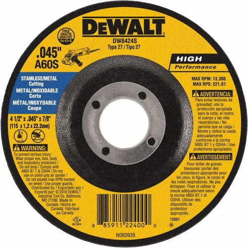 DeWALT Cut-Off Wheel: Type 1 (01/41), 4-1/2 Dia, 0.0450" Thick, 7/8" Hole, Aluminum Oxide - 60 Grit, 13300 RPM, Reinforced, 1 per Pack