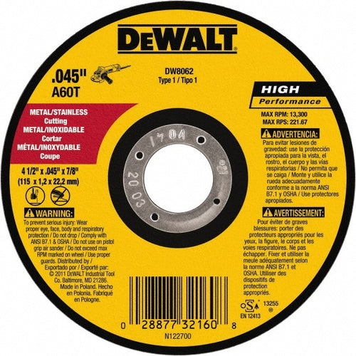DeWALT Cut-Off Wheel: Type 1 (01/41), 4-1/2 Dia, 0.0450" Thick, 7/8" Hole, Aluminum Oxide - 13300 RPM, Reinforced, 5 per Pack