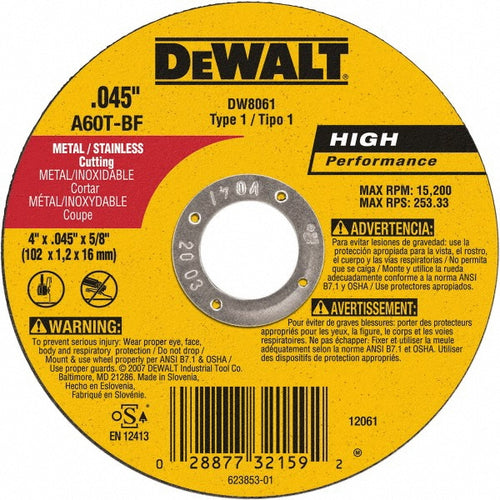 DeWALT Cut-Off Wheel: Type 1 (01/41), 4 Dia, 0.0450" Thick, 5/8" Hole, Aluminum Oxide - 60 Grit, 15200 RPM, Reinforced, 4 per Pack