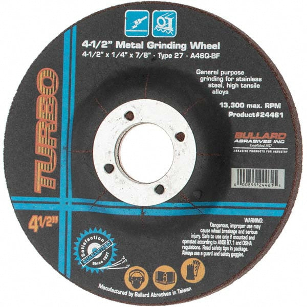 Value Collection - Depressed-Center Wheel: Type 27, 4-1/2" Dia, 1/4" Thick, 7/8" Hole, Aluminum Oxide | MSC Industrial Supply Co.