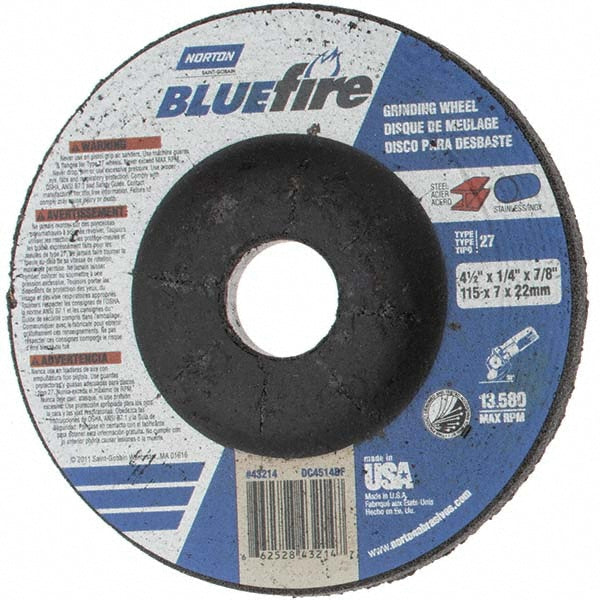 Value Collection - Depressed-Center Wheel: Type 27, 4-1/2" Dia, 1/4" Thick, 7/8" Hole, Zirconia Alumina | MSC Industrial Supply Co.