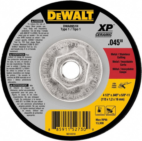 DeWALT Cut-Off Wheel: Type 1 (01/41), 4-1/2 Dia, 0.0450" Thick, 5/8" Hole, Ceramic - 13300 RPM, Reinforced, 1 per Pack