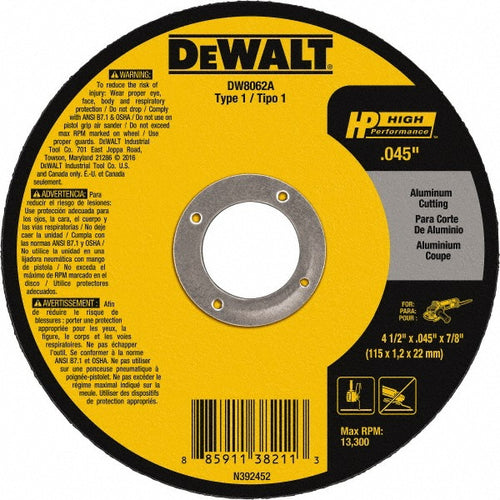 DeWALT Cut-Off Wheel: Type 1 (01/41), 4-1/2 Dia, 3/64" Thick, 7/8" Hole, Aluminum Oxide - 13300 RPM, Reinforced, 1 per Pack