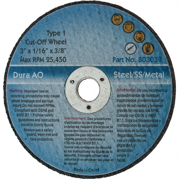 Value Collection - Cut-Off Wheel: Type 1 (01/41), 3 Dia, 1/16" Thick, 3/8" Hole, Aluminum Oxide | MSC Industrial Supply Co.